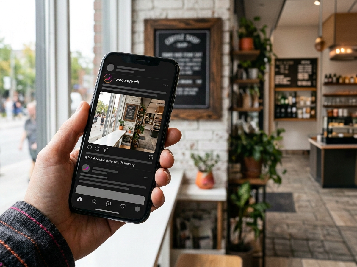 A Turbo Outreach Instagram post featuring a local coffee shop, shown on a phone inside the same shop